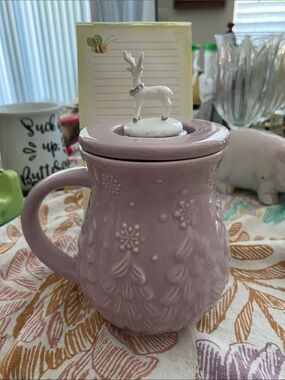 Temp-Tations Pink Christmas Tree & Snowflake Mug w/Reindeer Top. Handcrafted NWT